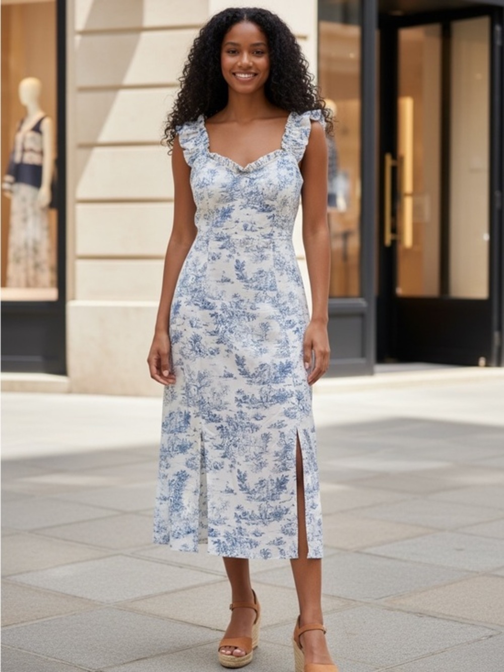 Blue Toile Midi Dress